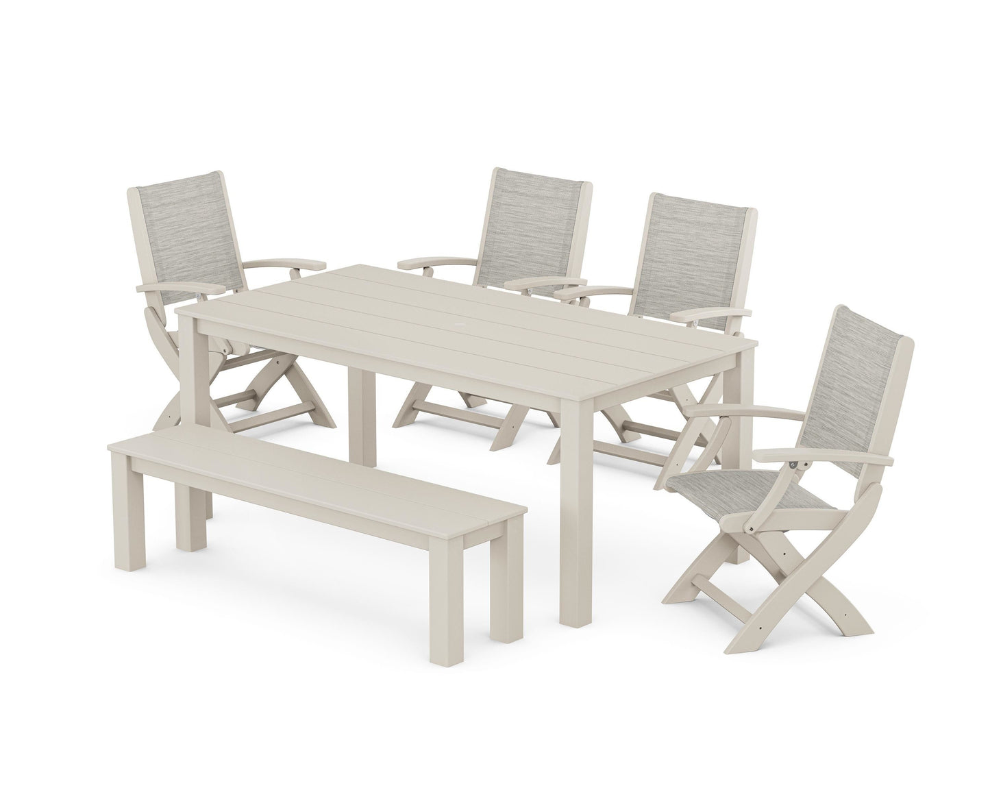 Coastal Folding Chair 6- Piece Parsons Dining Set with Bench