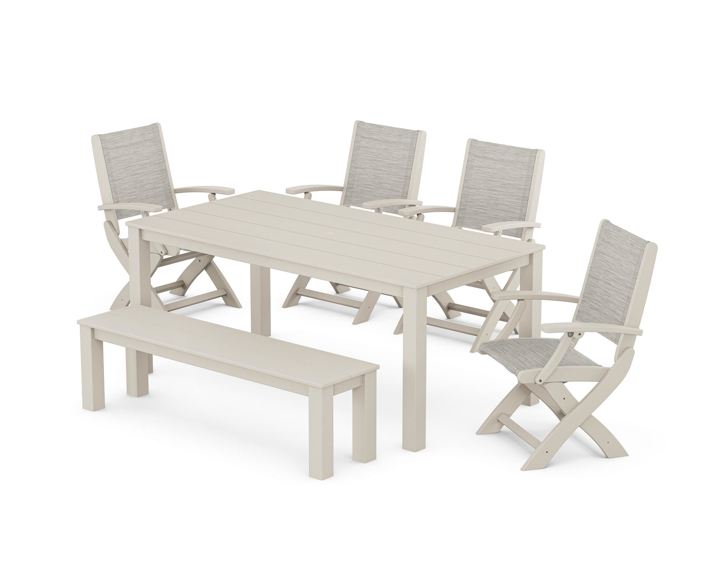 Coastal Folding Chair 6- Piece Parsons Dining Set with Bench