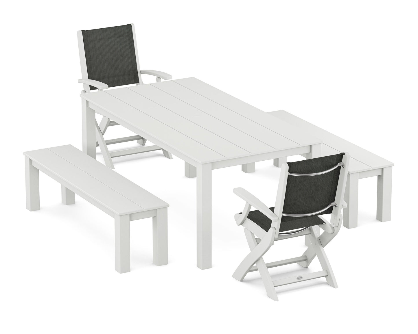 Coastal Folding Chair 5-Piece Parsons Dining Set with Benches