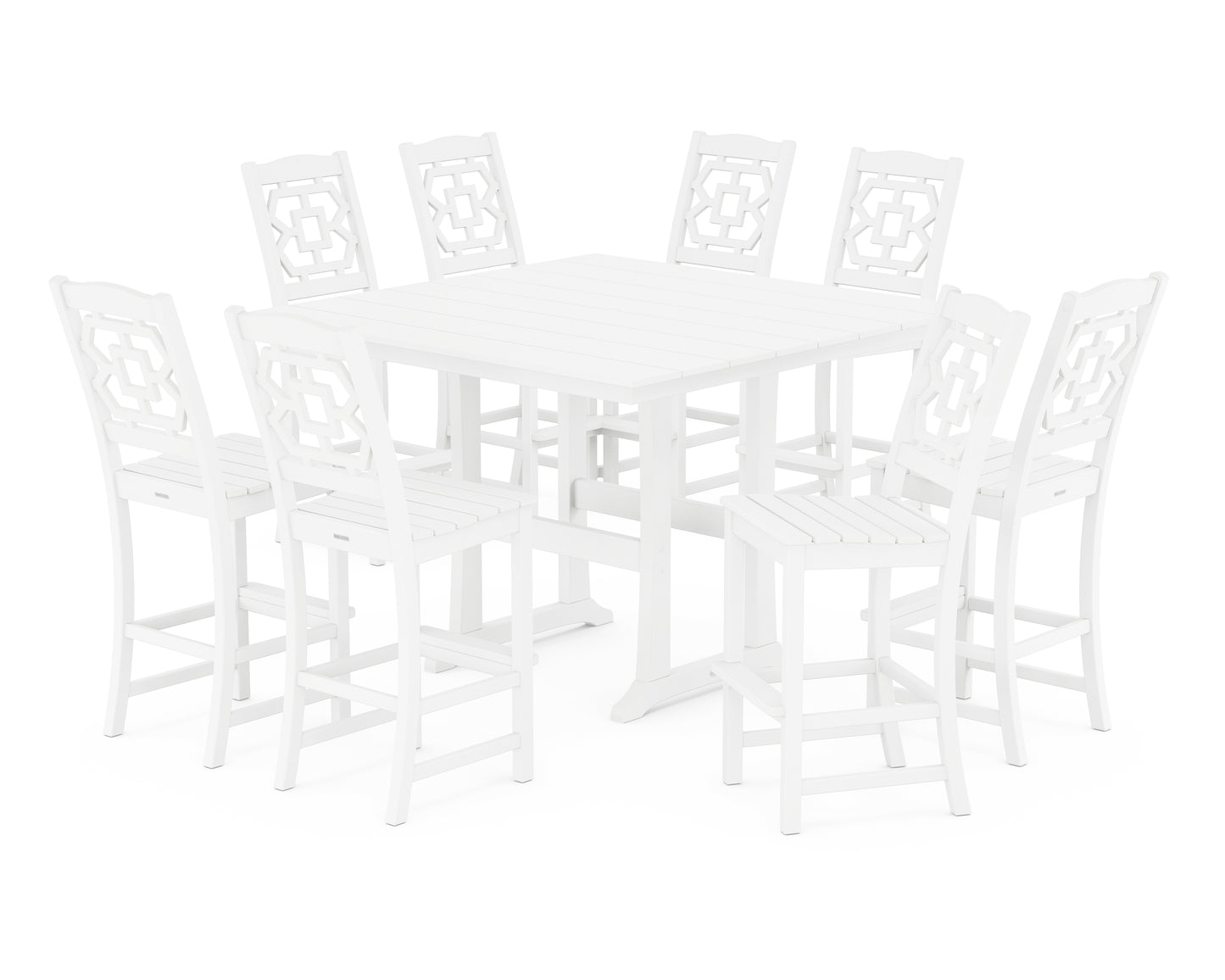 Chinoiserie 9-Piece Square Farmhouse Side Chair Bar Set with Trestle Legs
