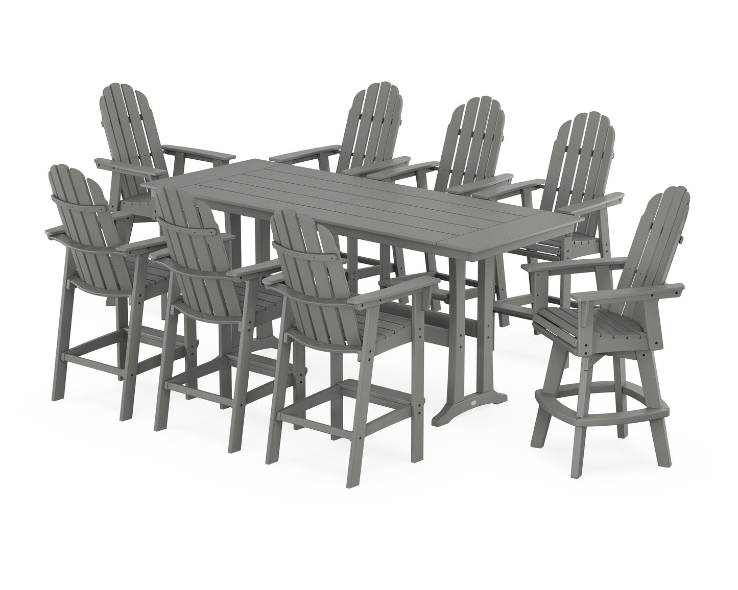 Vineyard Curveback Adirondack Swivel 9-Piece Farmhouse Bar Set with Trestle Legs