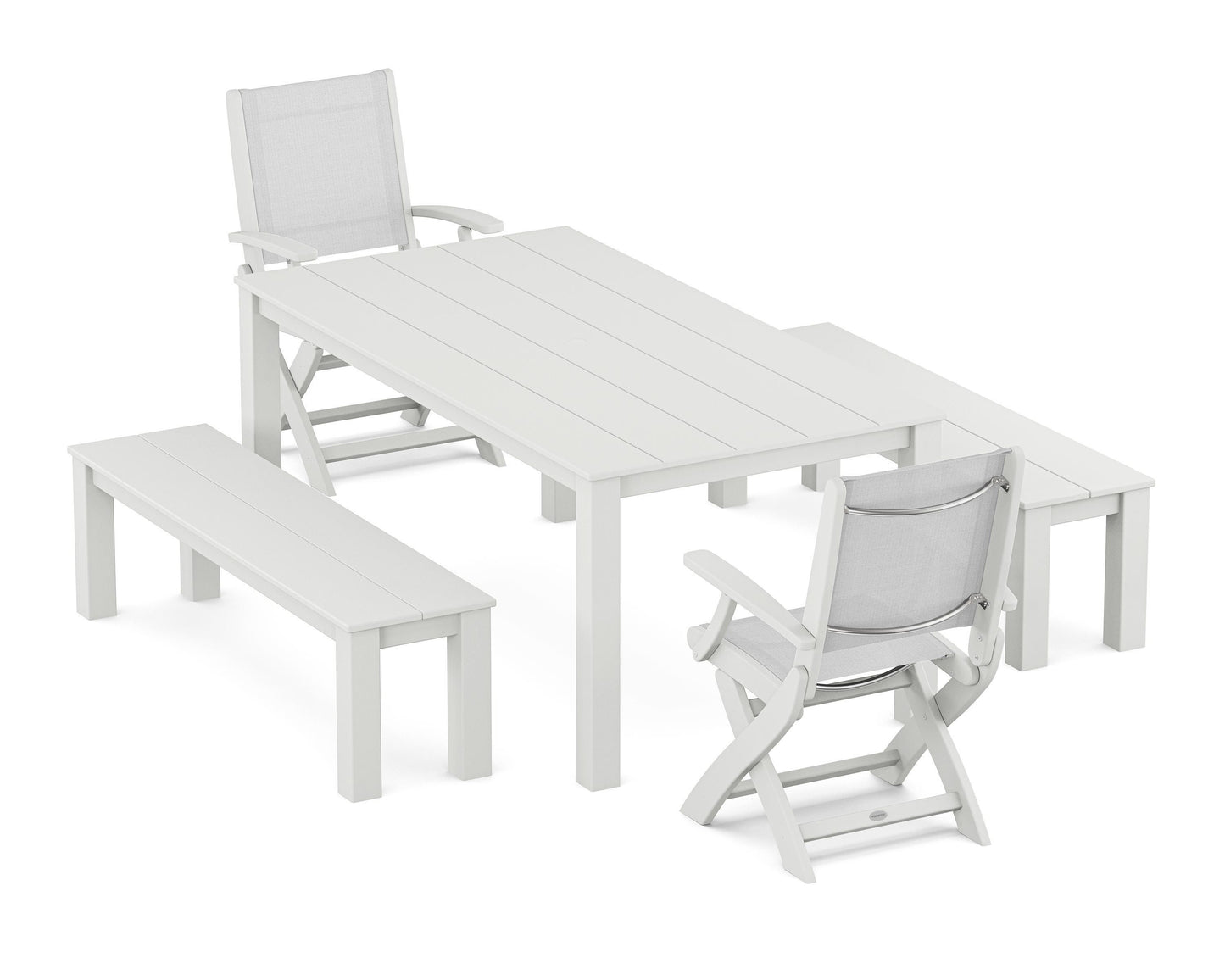 Coastal Folding Chair 5-Piece Parsons Dining Set with Benches