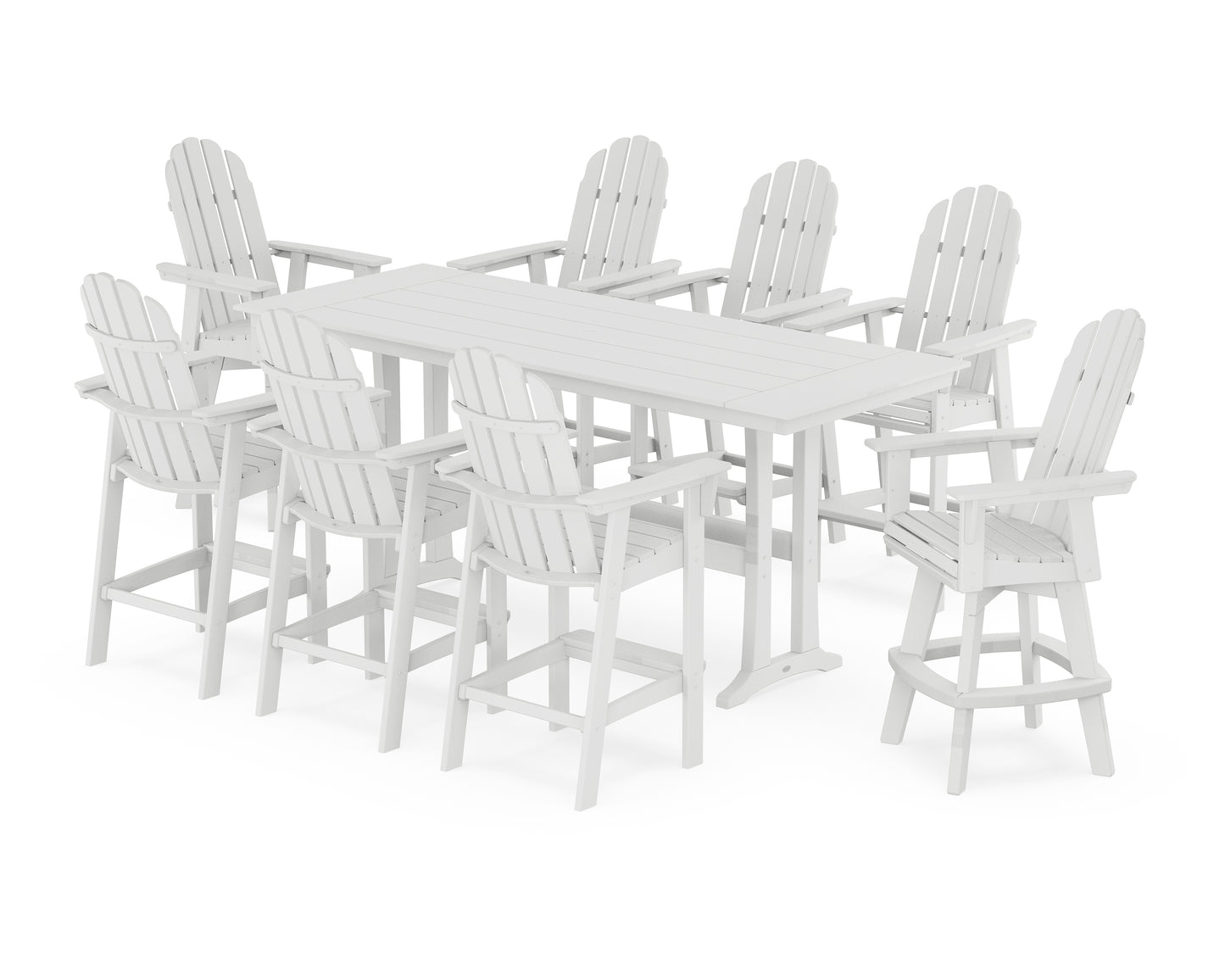 Vineyard Curveback Adirondack Swivel 9-Piece Farmhouse Bar Set with Trestle Legs