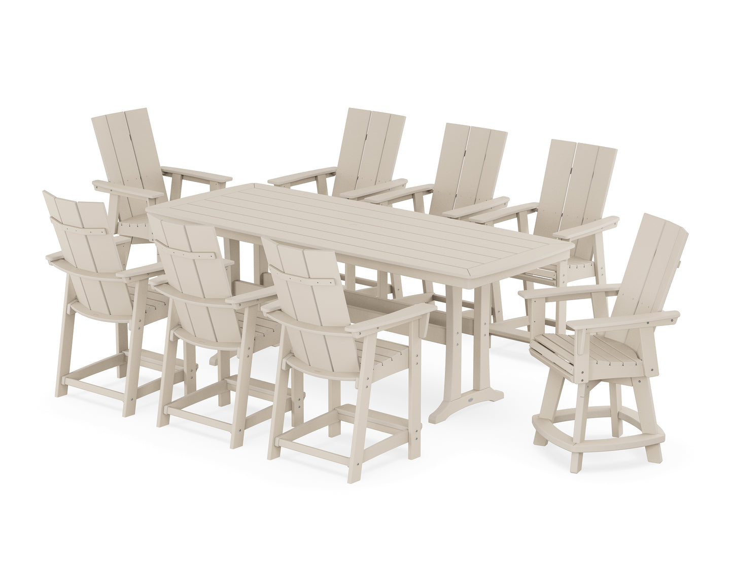Modern Curveback Adirondack Swivel 9-Piece Counter Set with Trestle Legs