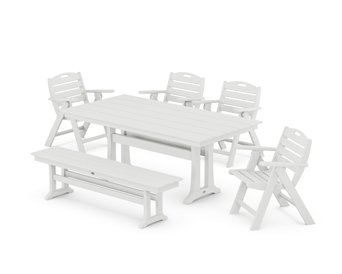 Nautical Lowback 6-Piece Farmhouse Dining Set with Trestle Legs and Bench
