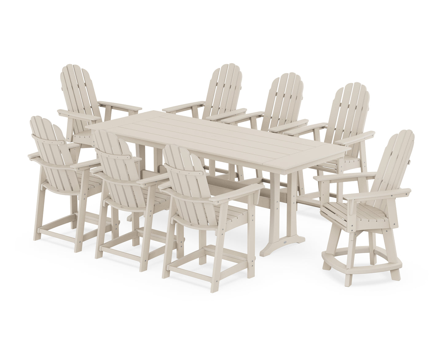 Vineyard Curveback Adirondack Swivel 9-Piece Farmhouse Counter Set with Trestle Legs