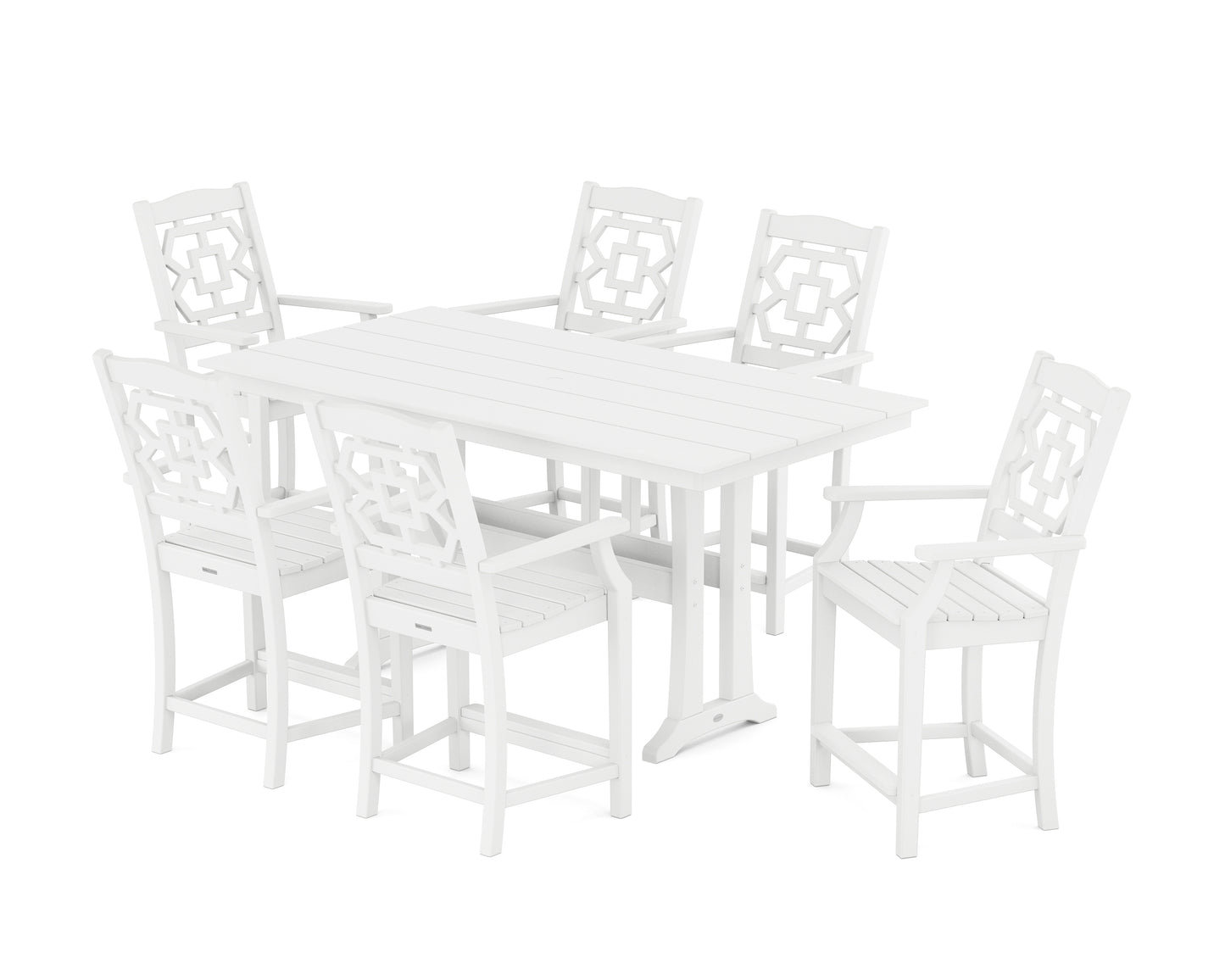 Chinoiserie Arm Chair 7-Piece Farmhouse Counter Set with Trestle Legs