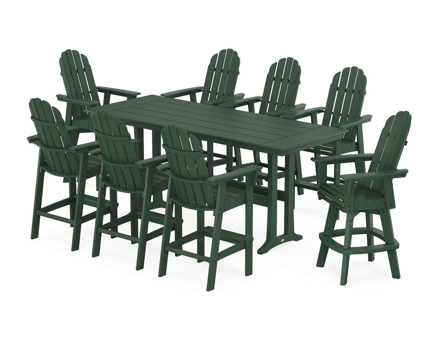 Vineyard Curveback Adirondack Swivel 9-Piece Farmhouse Bar Set with Trestle Legs