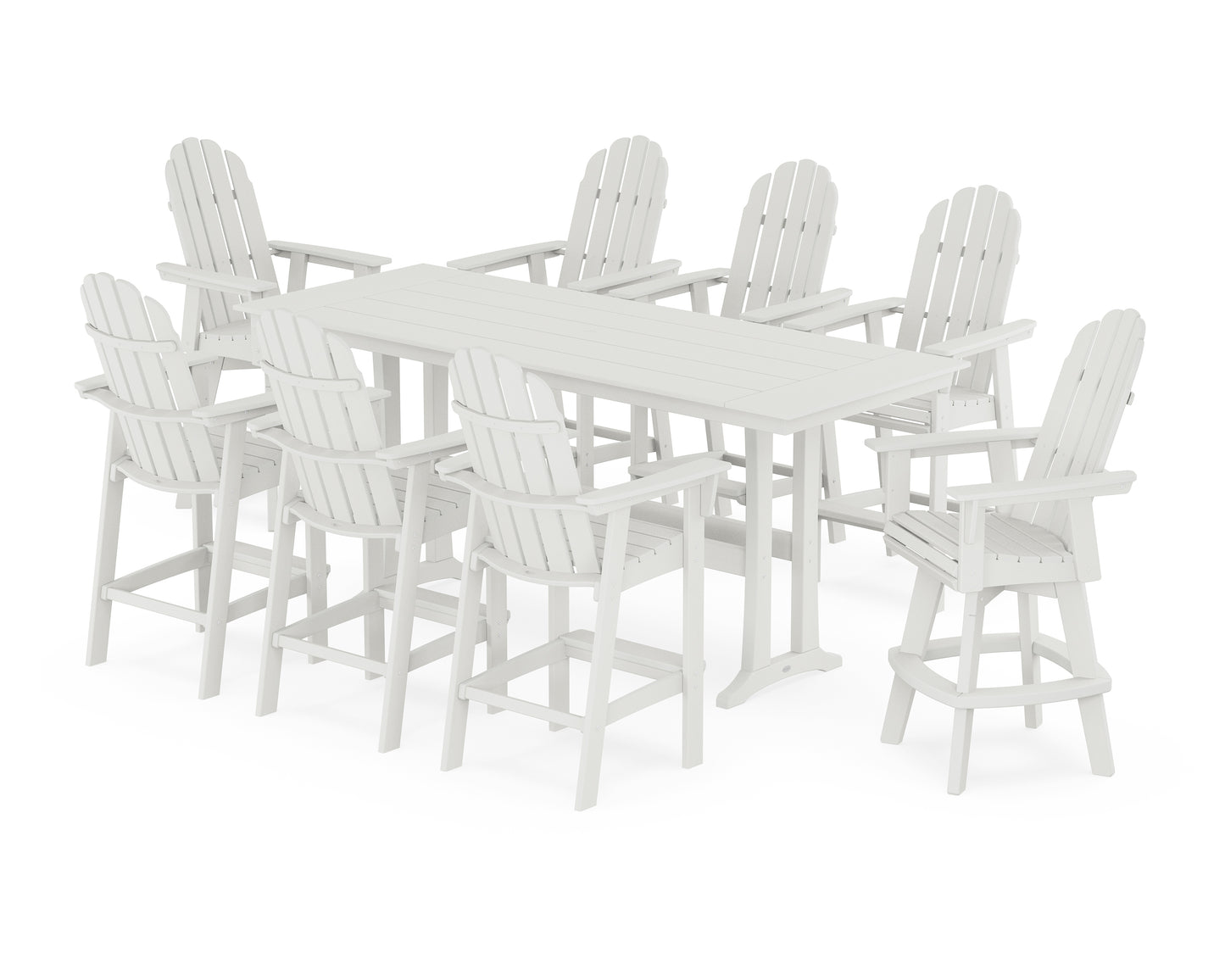 Vineyard Curveback Adirondack Swivel 9-Piece Farmhouse Bar Set with Trestle Legs