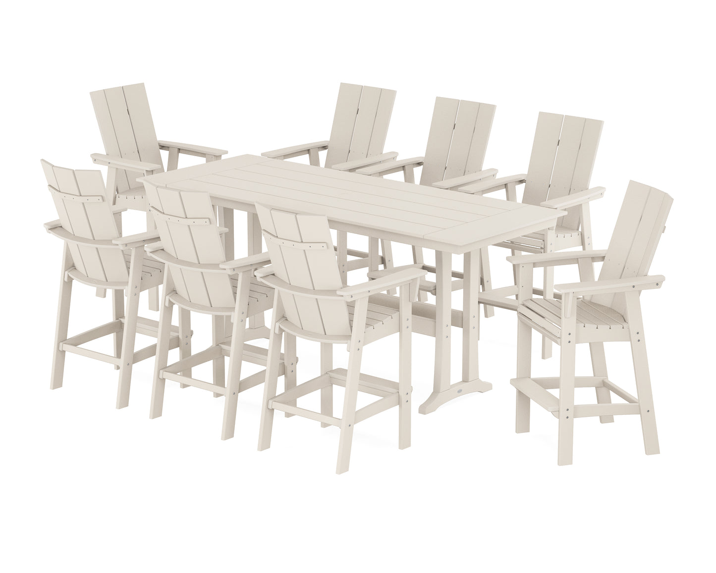 Modern Curveback Adirondack 9-Piece Farmhouse Bar Set with Trestle Legs