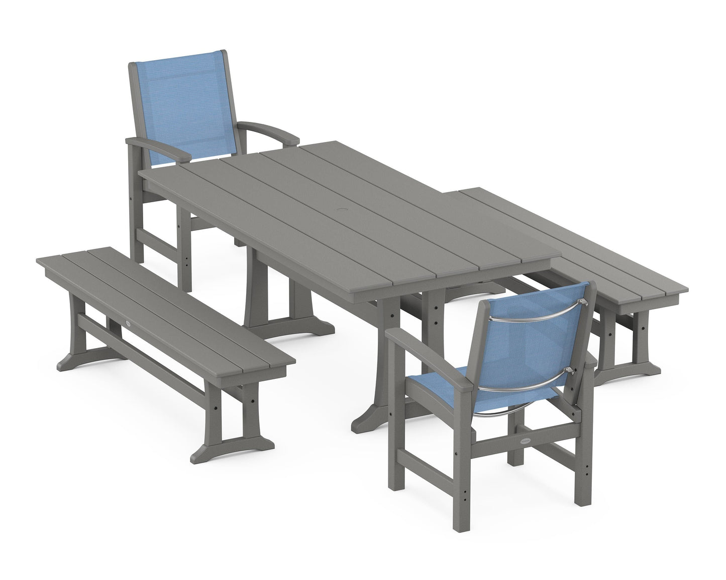 Coastal 5-Piece Farmhouse Dining Set with Trestle Legs and Benches