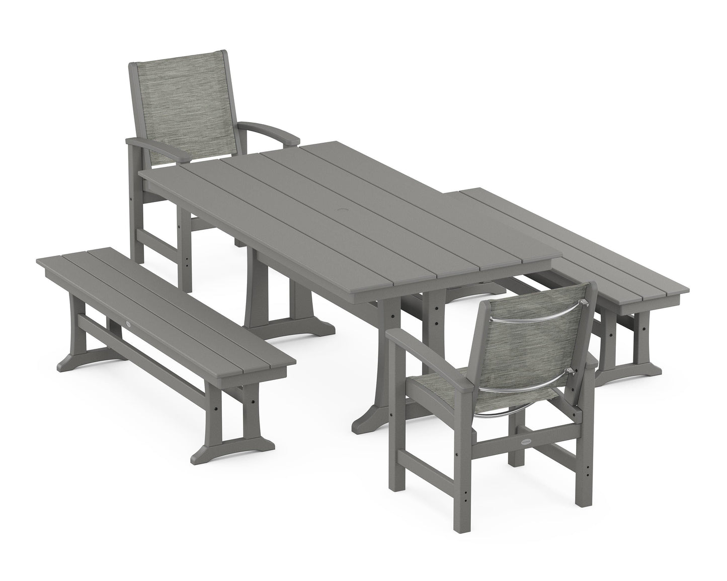 Coastal 5-Piece Farmhouse Dining Set with Trestle Legs and Benches