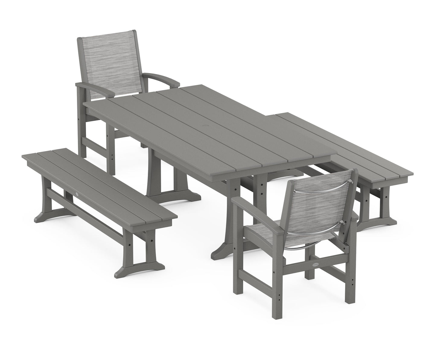 Coastal 5-Piece Farmhouse Dining Set with Trestle Legs and Benches