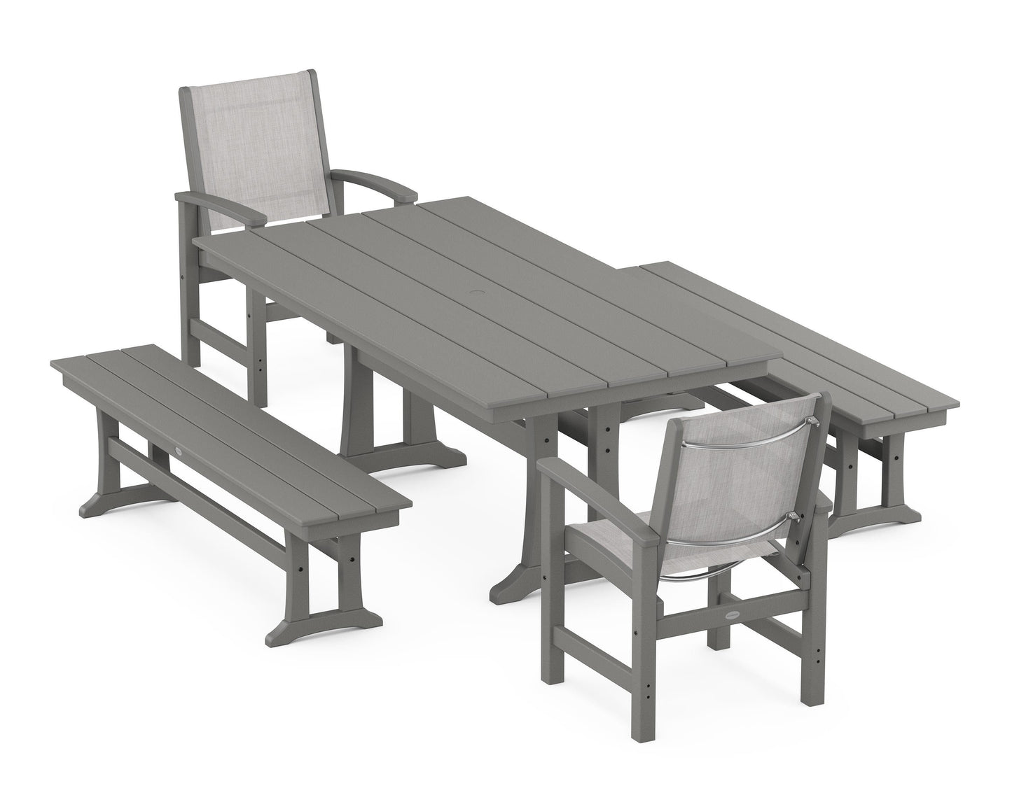 Coastal 5-Piece Farmhouse Dining Set with Trestle Legs and Benches