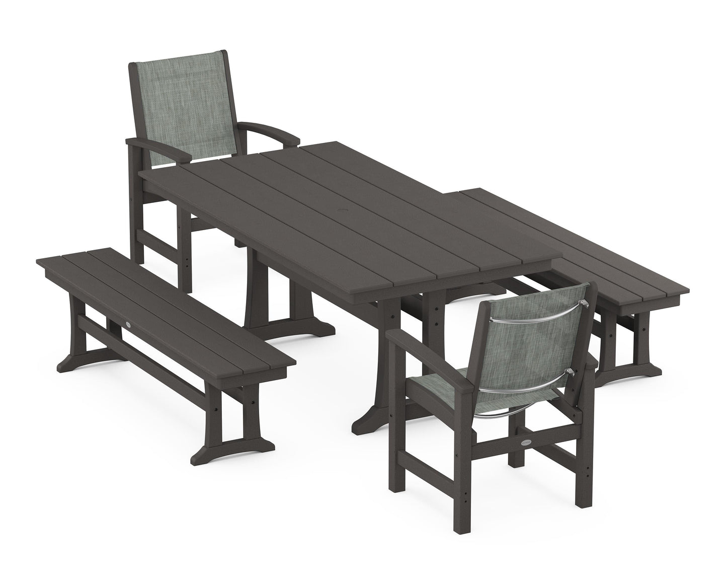 Coastal 5-Piece Farmhouse Dining Set with Trestle Legs and Benches