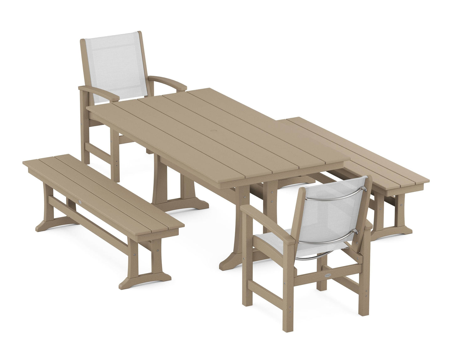 Coastal 5-Piece Farmhouse Dining Set with Trestle Legs and Benches