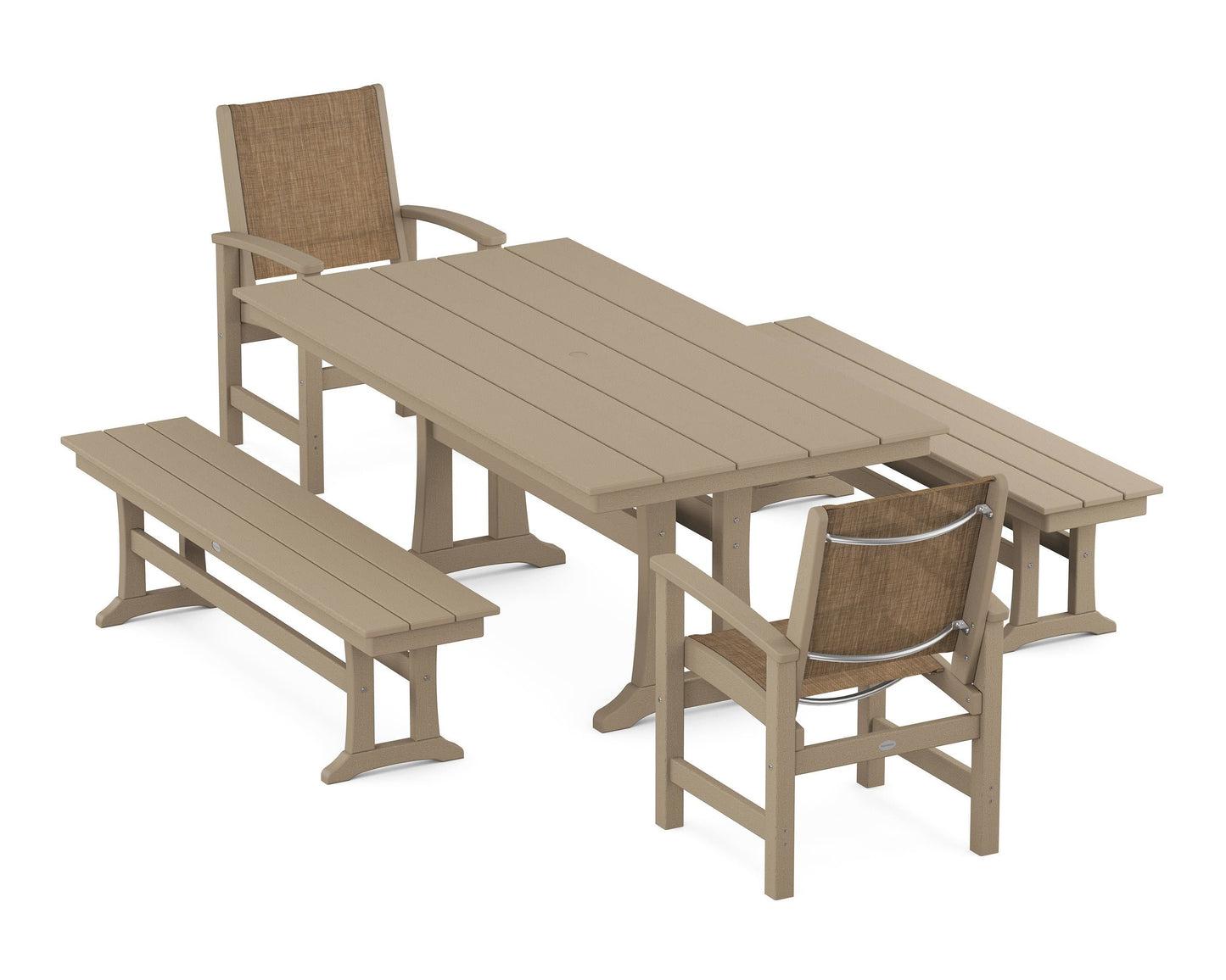 Coastal 5-Piece Farmhouse Dining Set with Trestle Legs and Benches