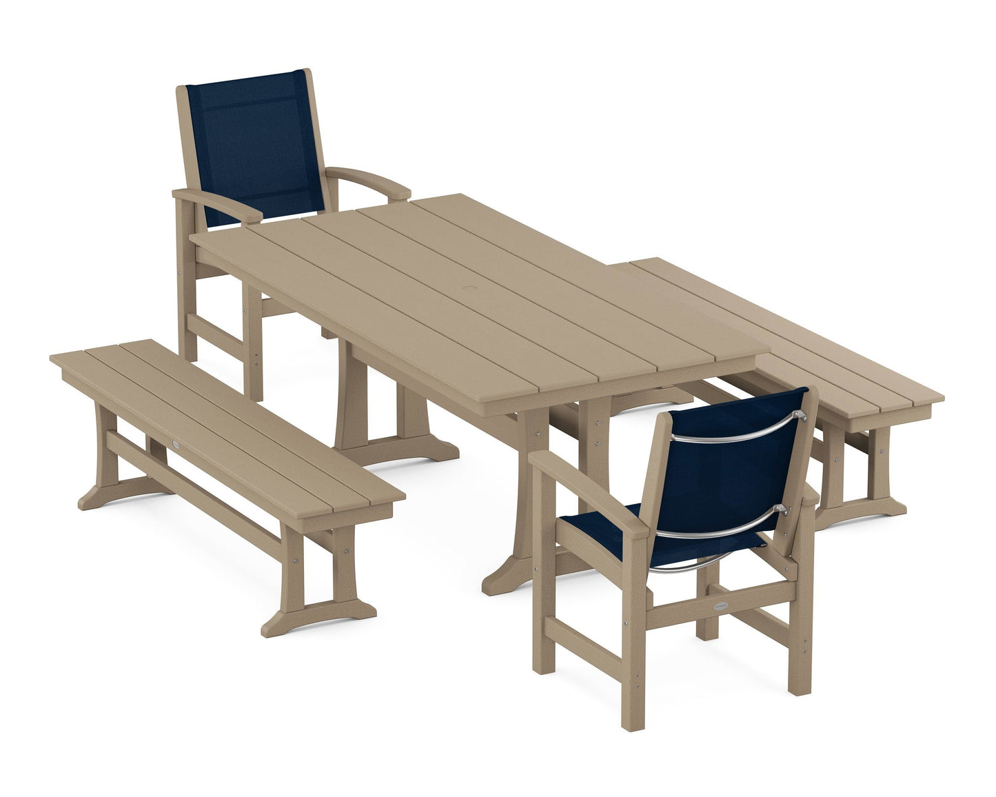 Coastal 5-Piece Farmhouse Dining Set with Trestle Legs and Benches