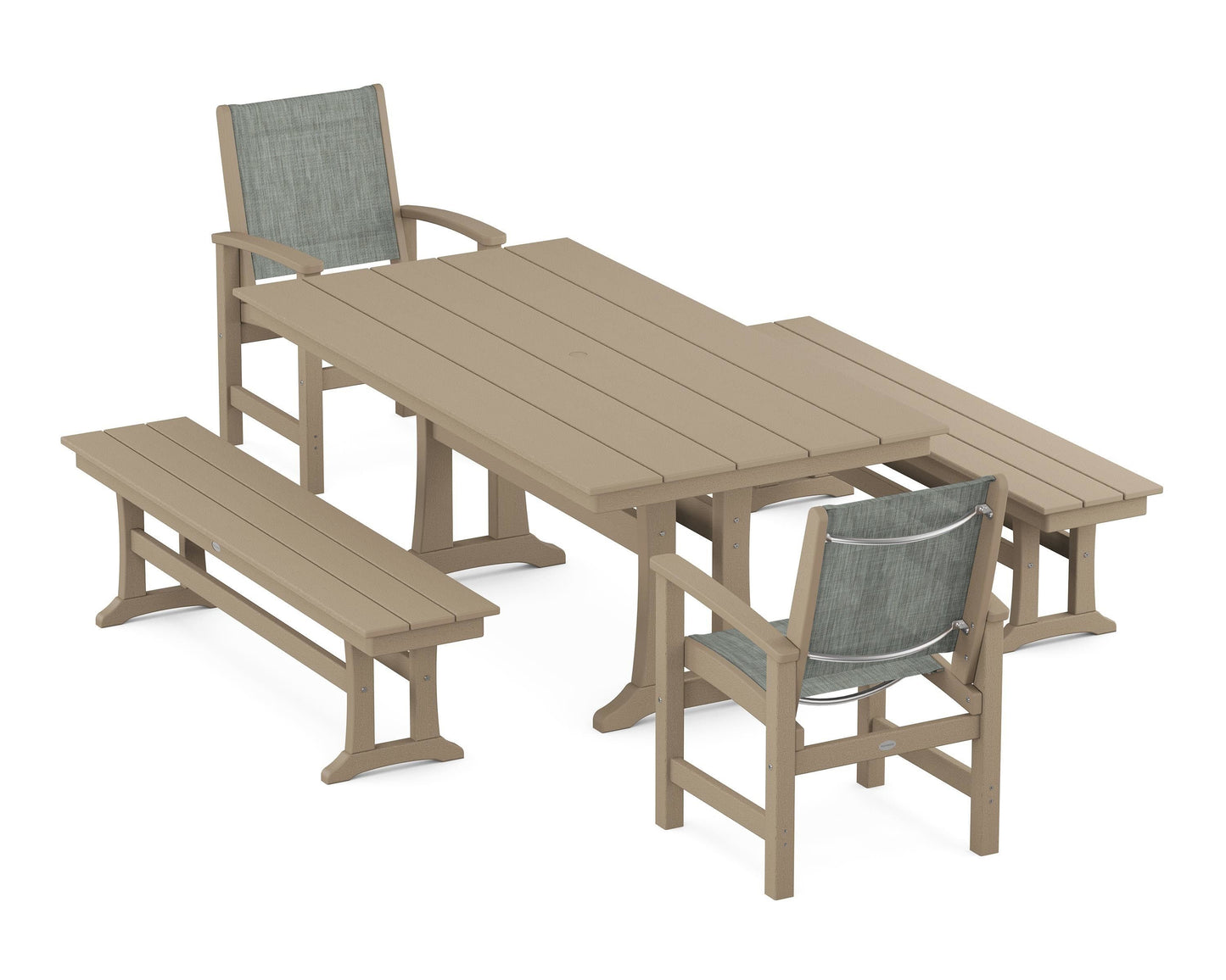 Coastal 5-Piece Farmhouse Dining Set with Trestle Legs and Benches