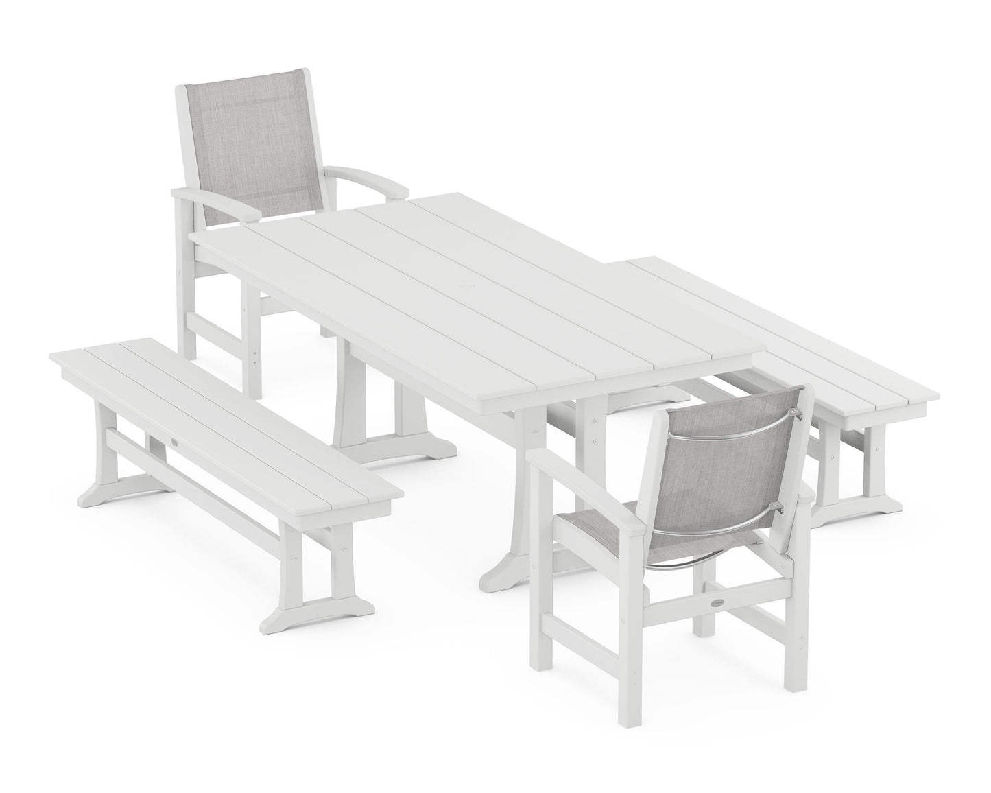 Coastal 5-Piece Farmhouse Dining Set with Trestle Legs and Benches