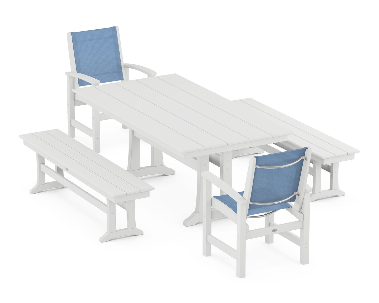 Coastal 5-Piece Farmhouse Dining Set with Trestle Legs and Benches