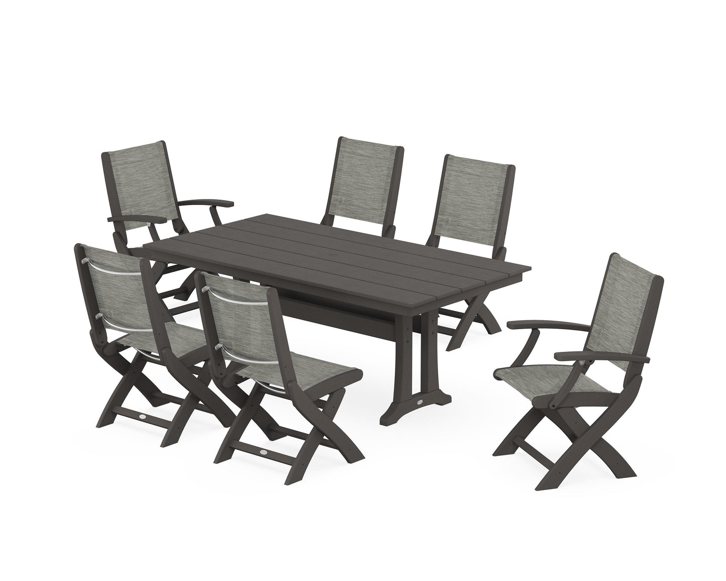 Coastal Folding Chair 7-Piece Farmhouse Dining Set with Trestle Legs