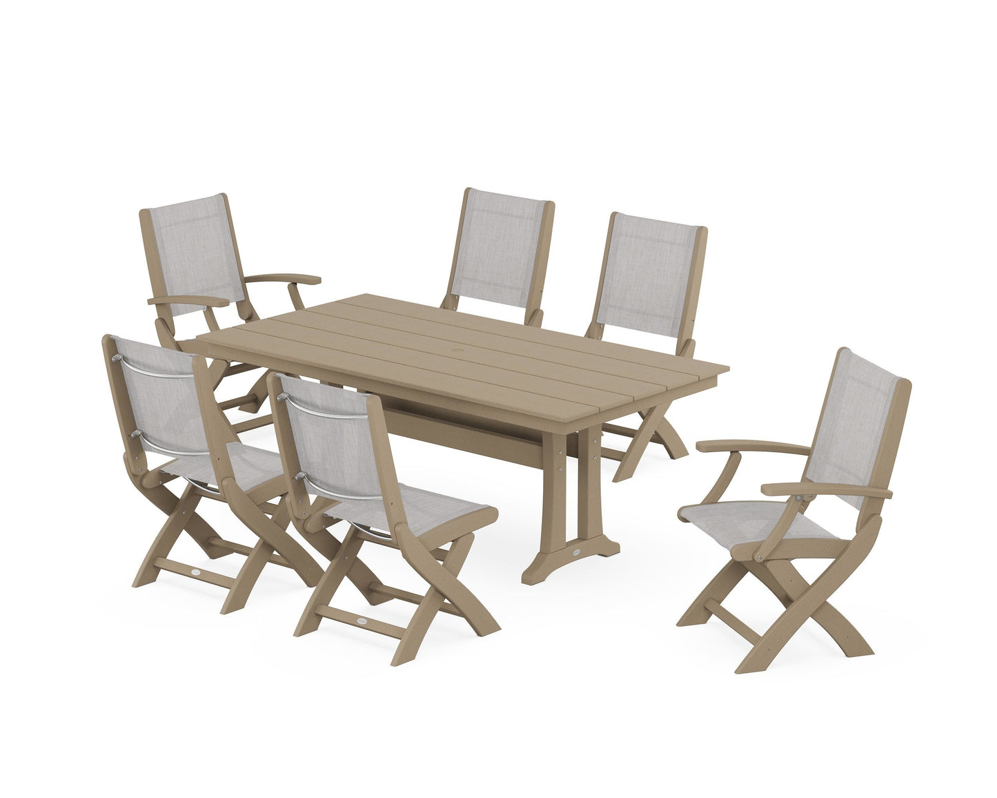 Coastal Folding Chair 7-Piece Farmhouse Dining Set with Trestle Legs