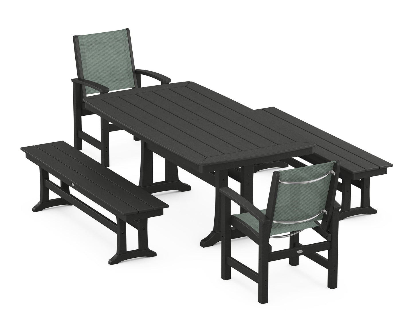 Coastal 5-Piece Dining Set with Trestle Legs and Benches