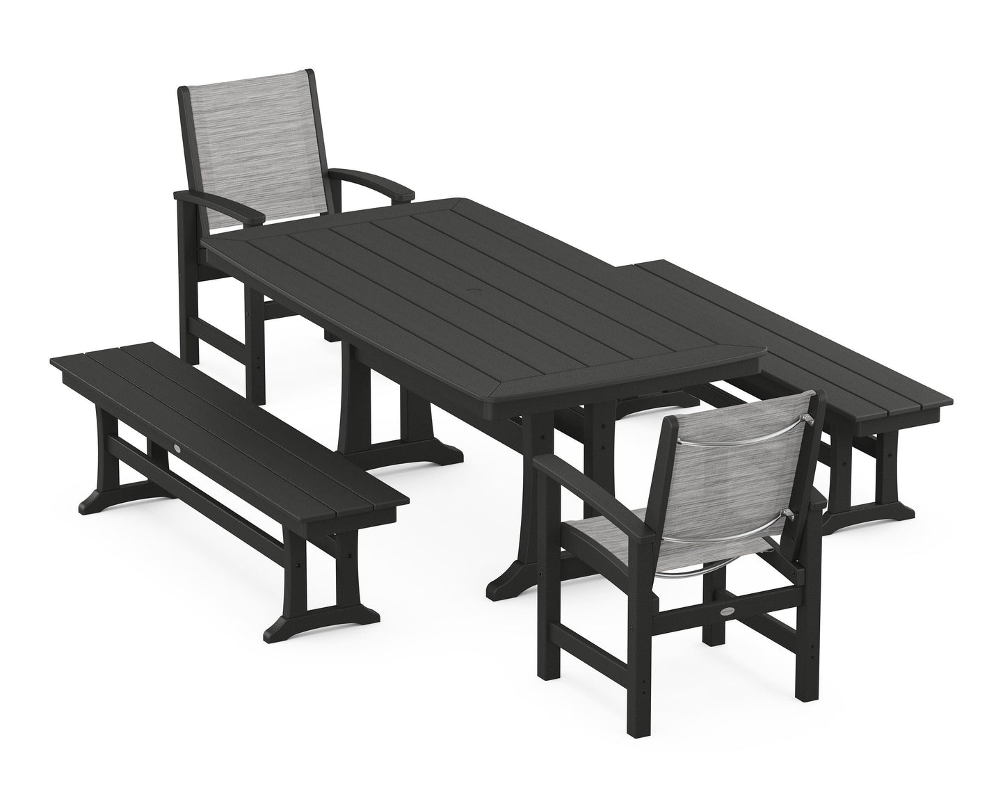 Coastal 5-Piece Dining Set with Trestle Legs and Benches