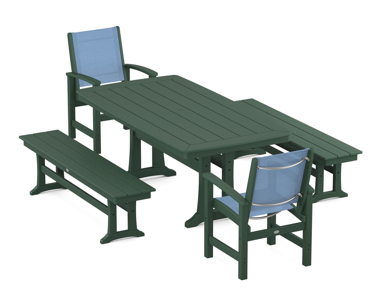 Coastal 5-Piece Dining Set with Trestle Legs and Benches