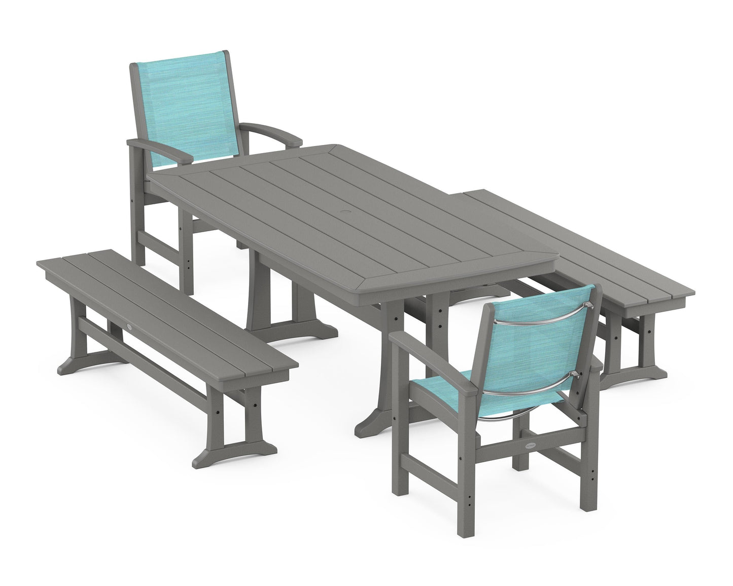 Coastal 5-Piece Dining Set with Trestle Legs and Benches