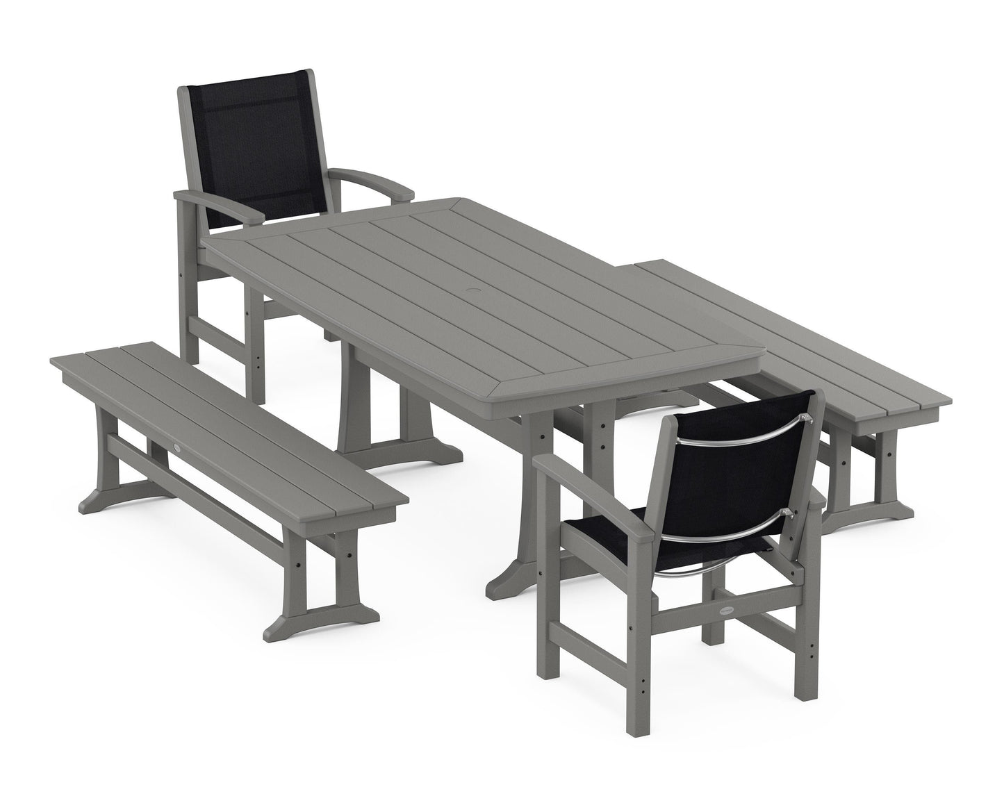 Coastal 5-Piece Dining Set with Trestle Legs and Benches