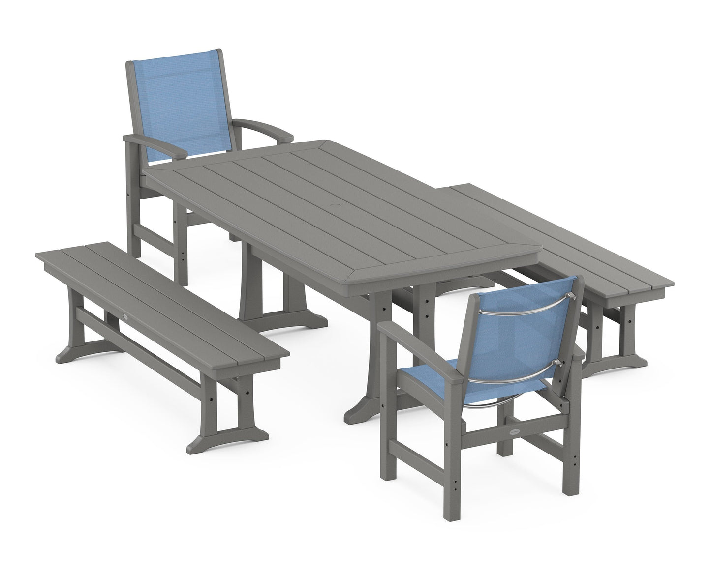 Coastal 5-Piece Dining Set with Trestle Legs and Benches