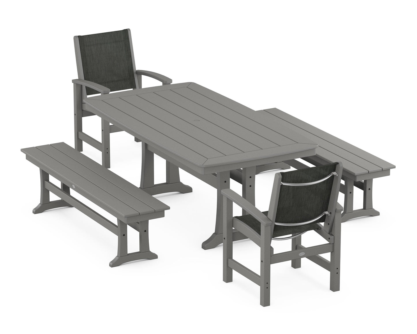 Coastal 5-Piece Dining Set with Trestle Legs and Benches