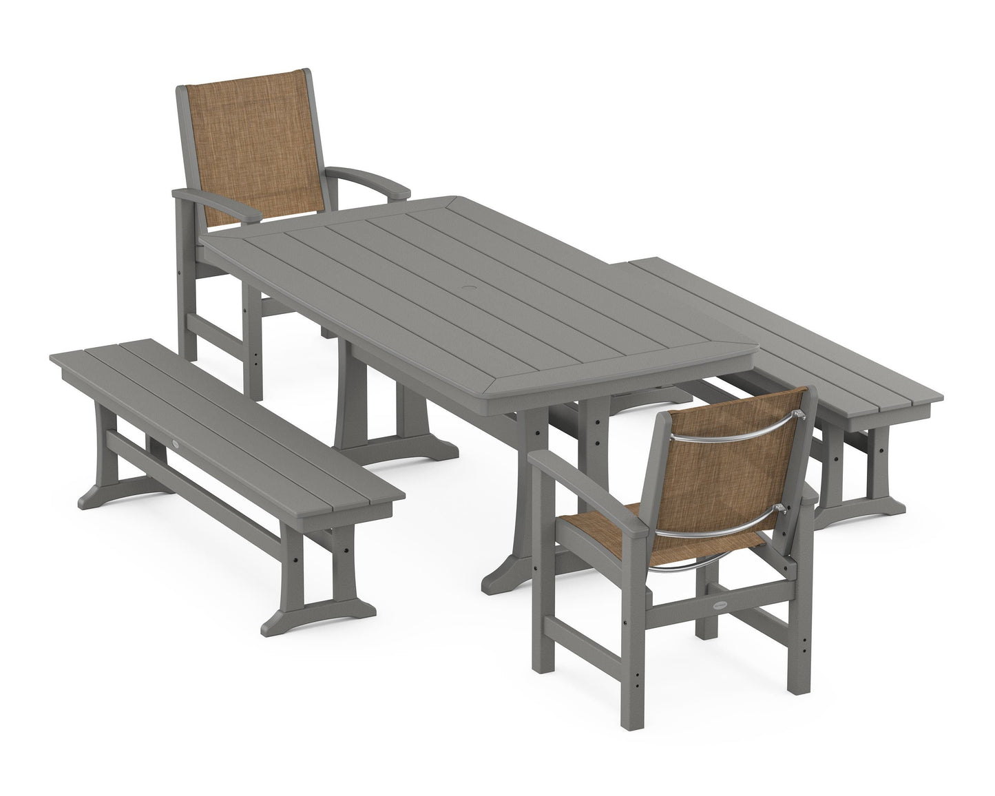 Coastal 5-Piece Dining Set with Trestle Legs and Benches