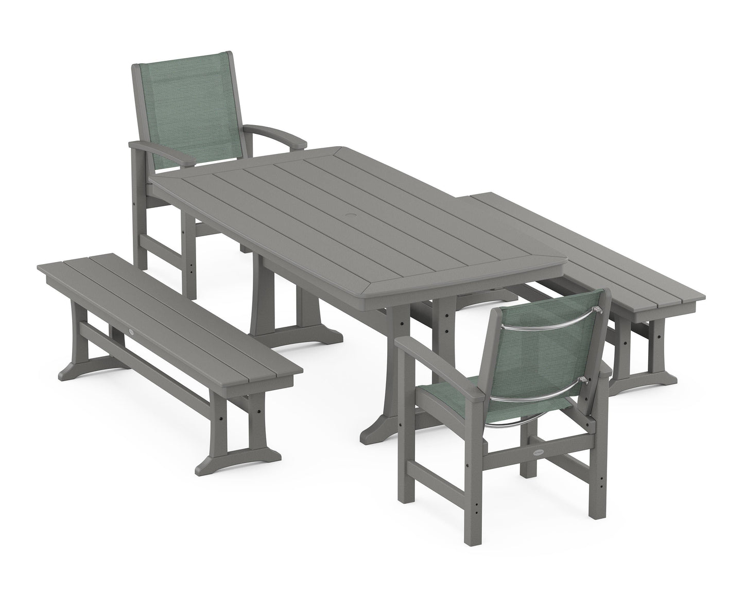 Coastal 5-Piece Dining Set with Trestle Legs and Benches