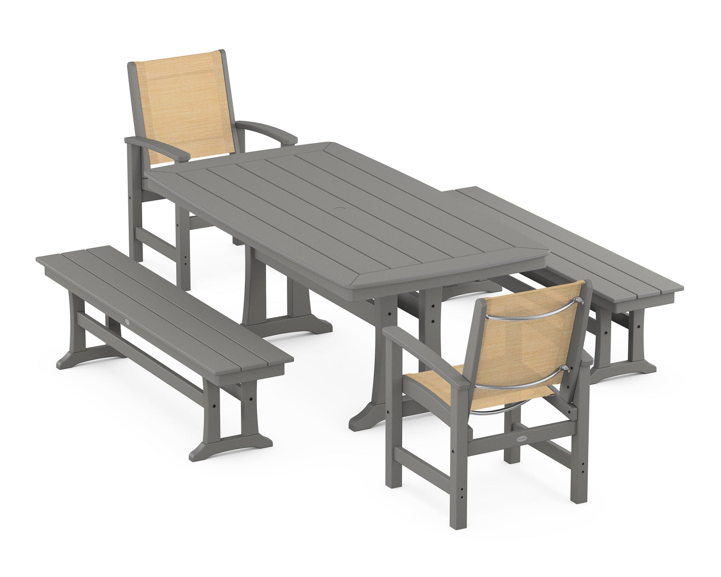 Coastal 5-Piece Dining Set with Trestle Legs and Benches