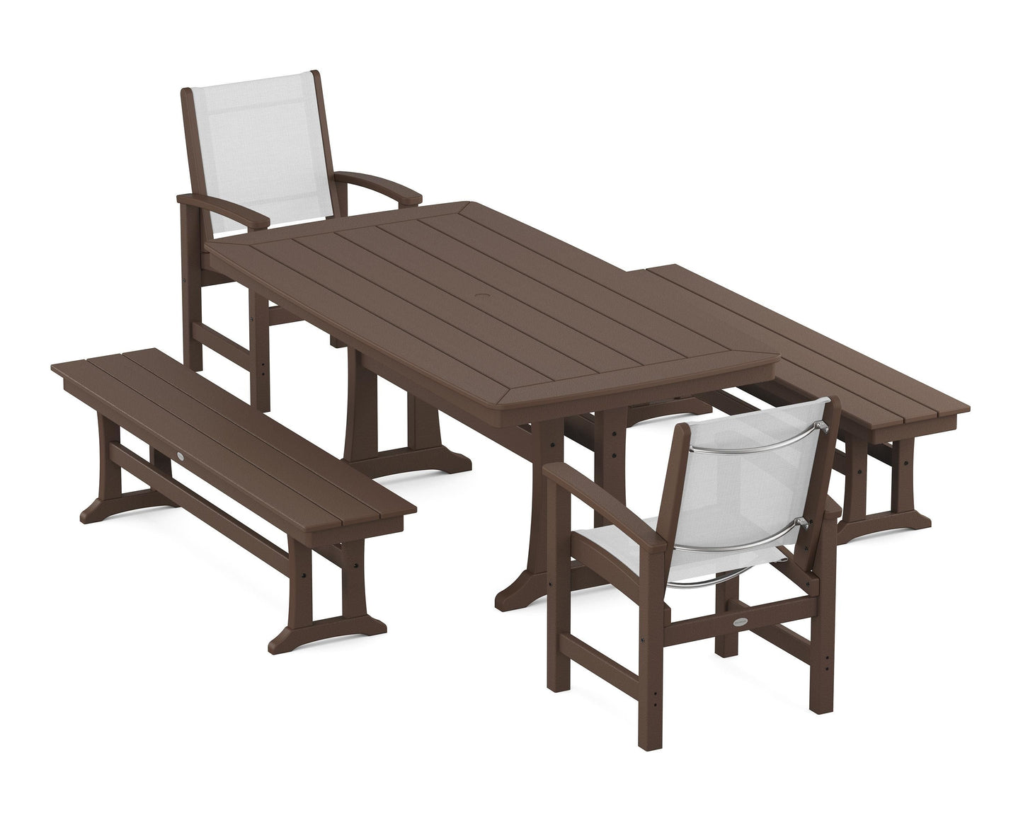 Coastal 5-Piece Dining Set with Trestle Legs and Benches