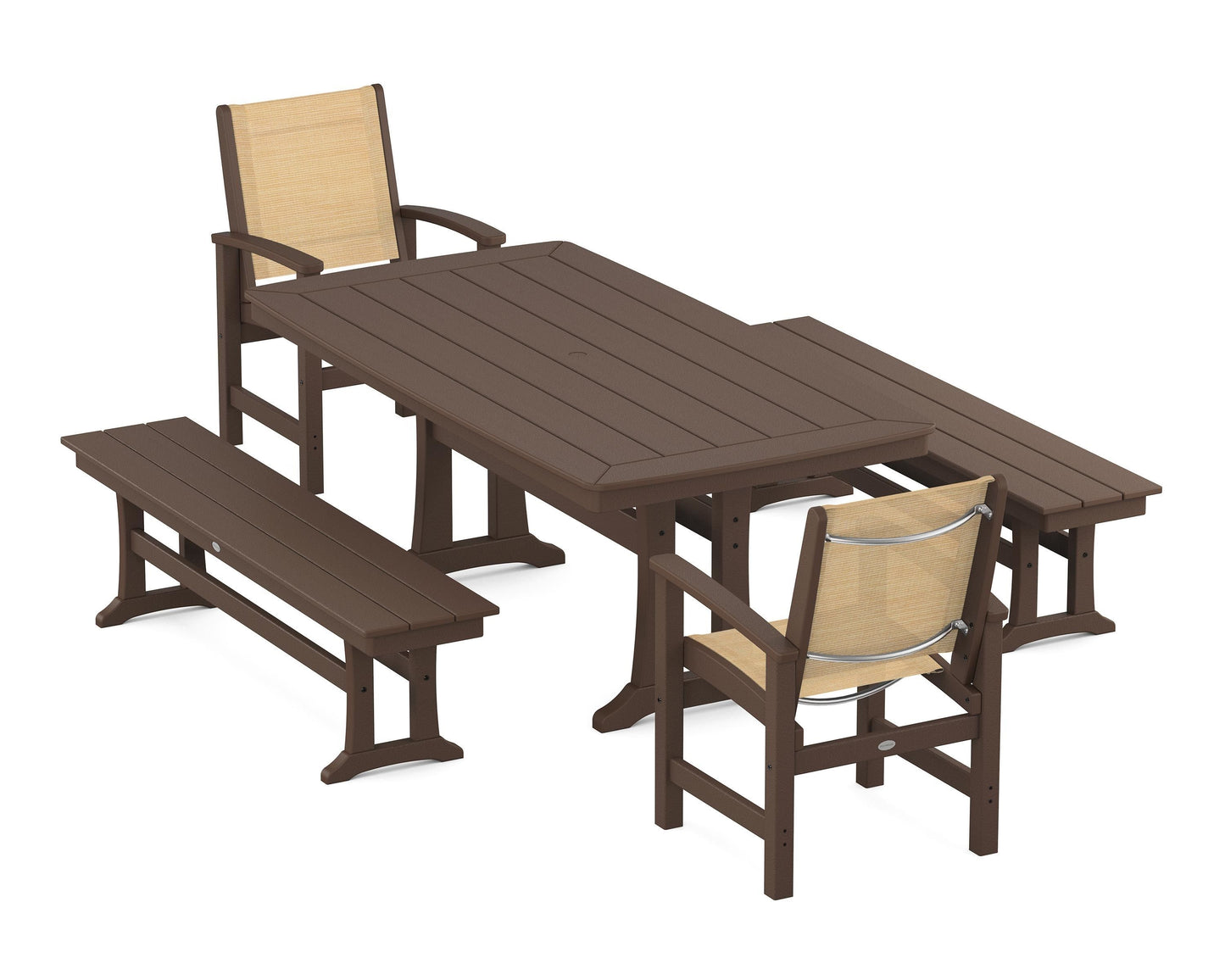 Coastal 5-Piece Dining Set with Trestle Legs and Benches