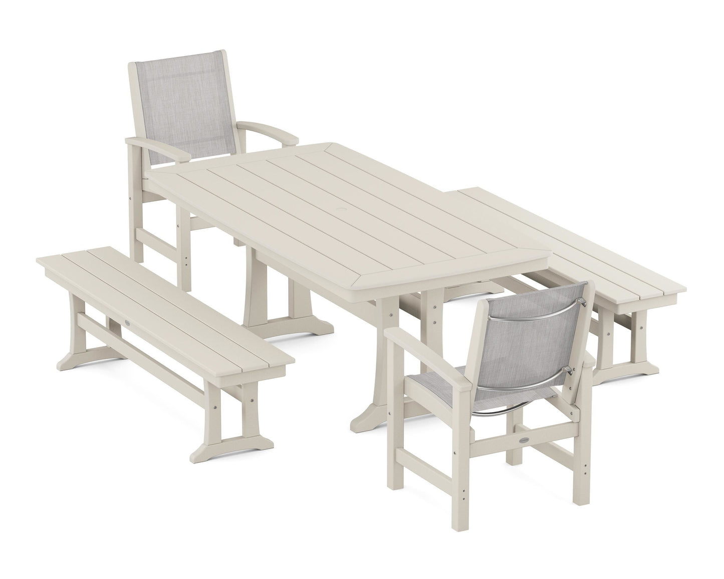 Coastal 5-Piece Dining Set with Trestle Legs and Benches