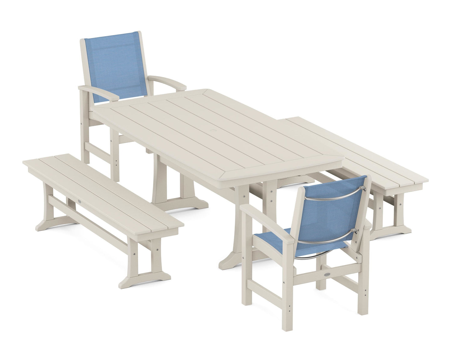 Coastal 5-Piece Dining Set with Trestle Legs and Benches