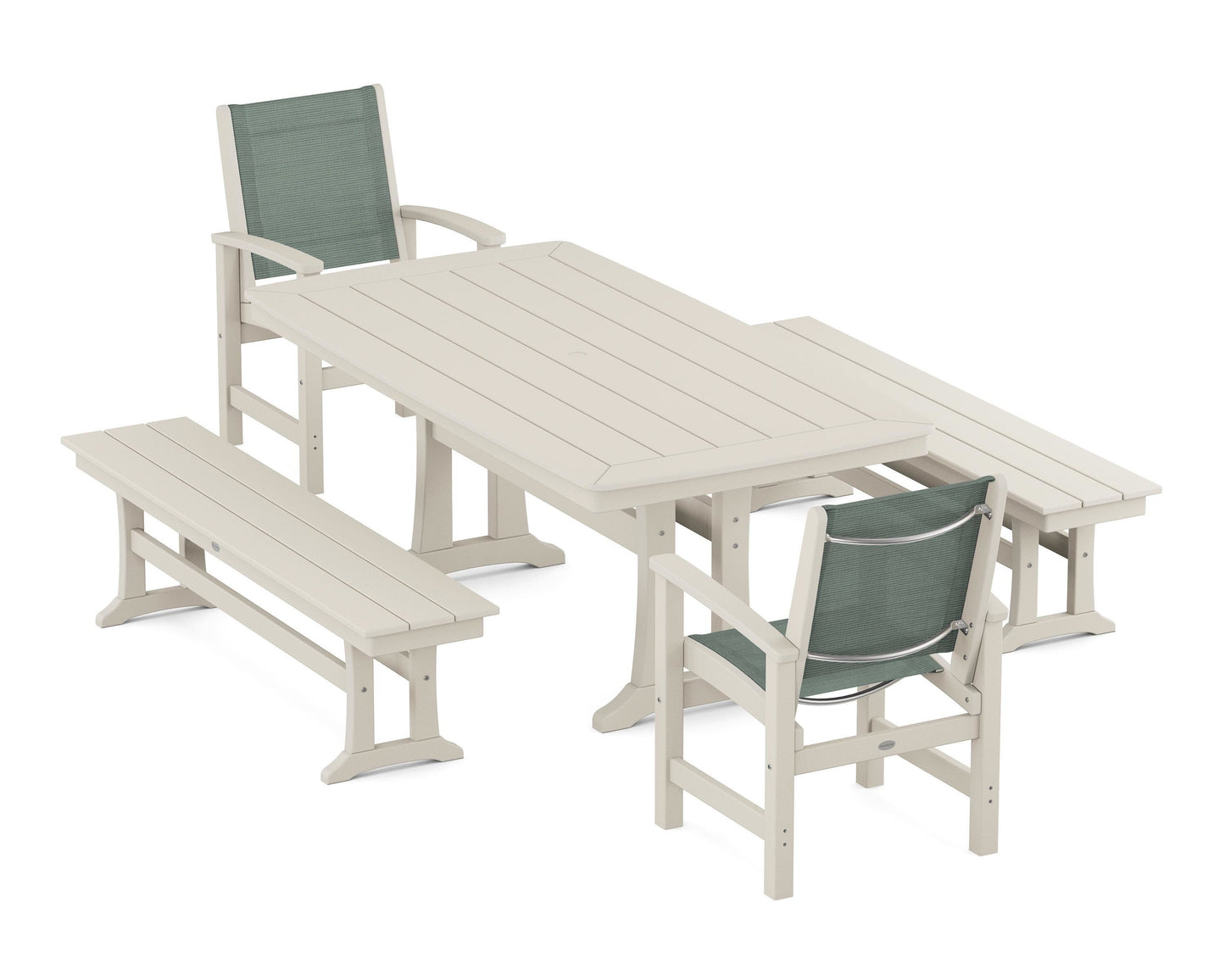 Coastal 5-Piece Dining Set with Trestle Legs and Benches