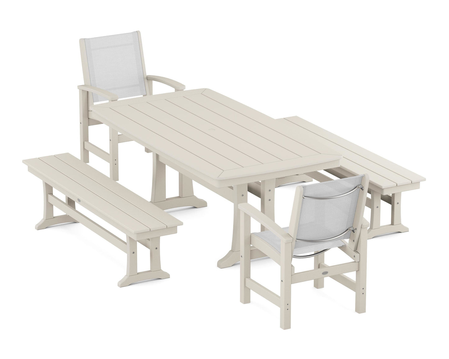 Coastal 5-Piece Dining Set with Trestle Legs and Benches