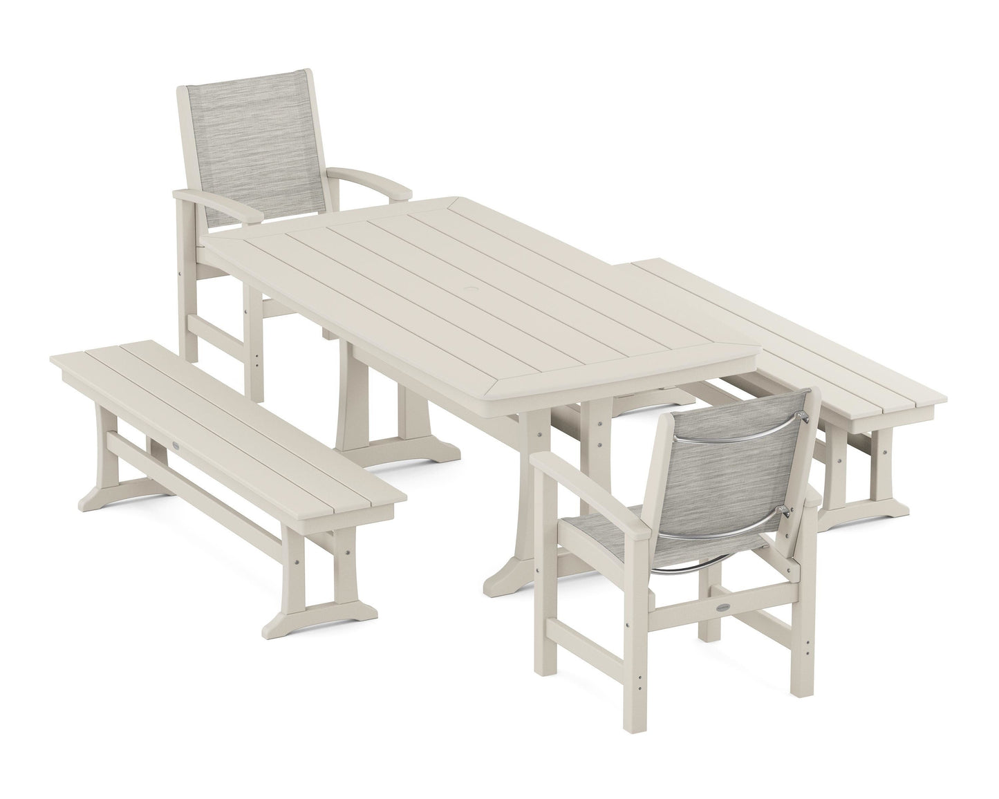 Coastal 5-Piece Dining Set with Trestle Legs and Benches