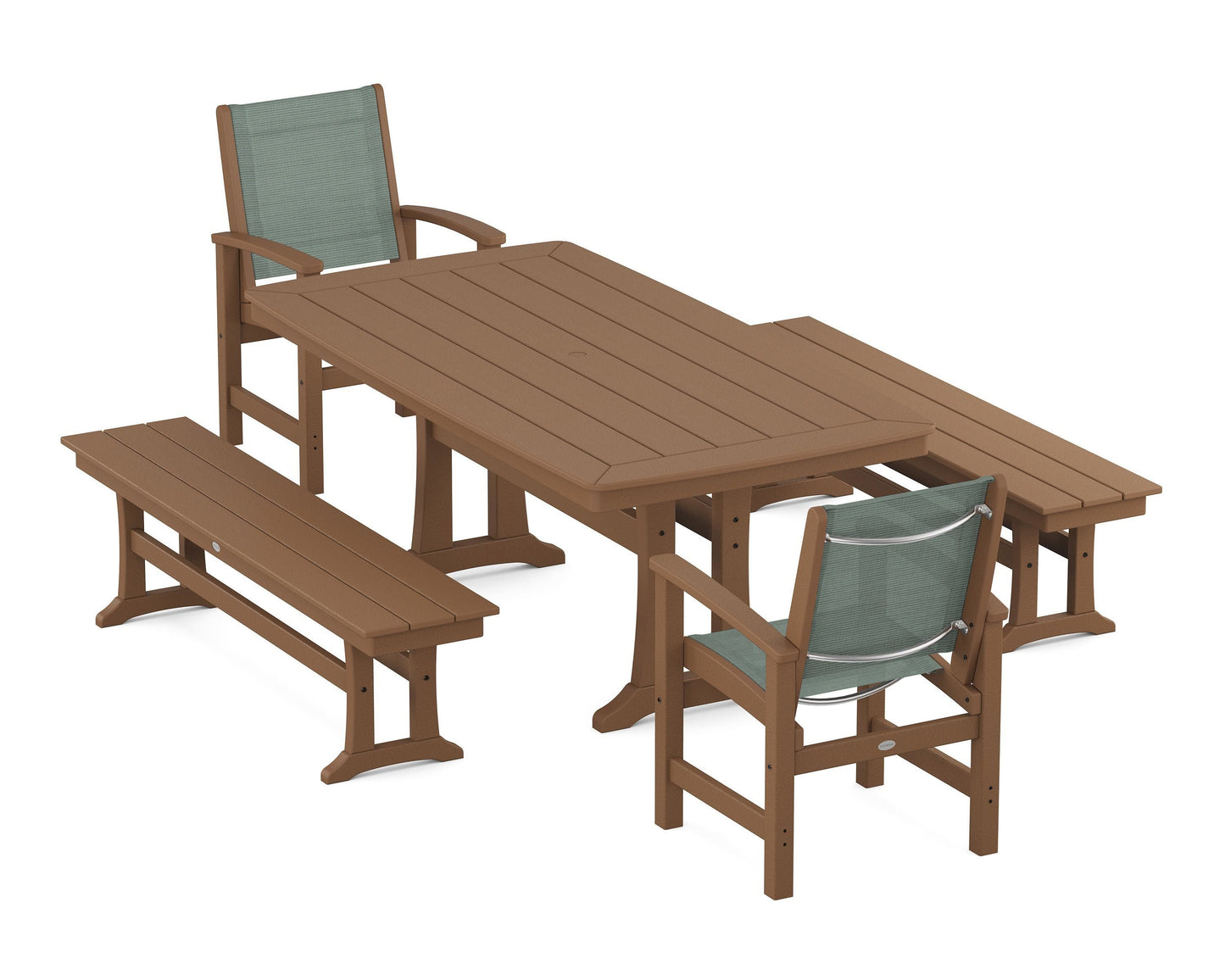 Coastal 5-Piece Dining Set with Trestle Legs and Benches