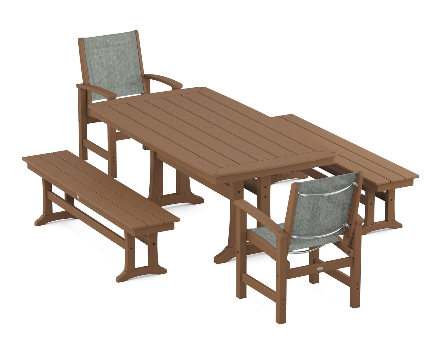Coastal 5-Piece Dining Set with Trestle Legs and Benches