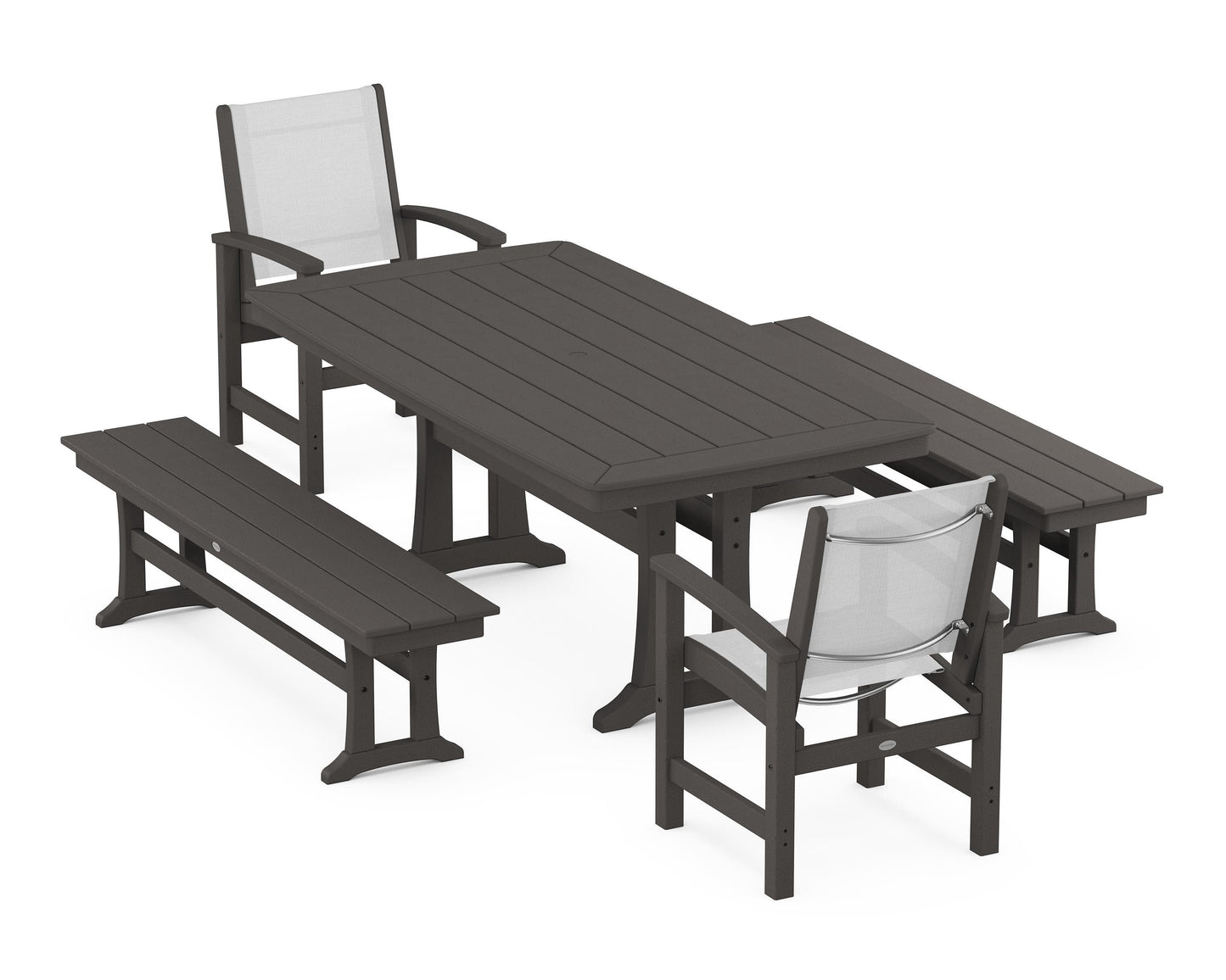 Coastal 5-Piece Dining Set with Trestle Legs and Benches