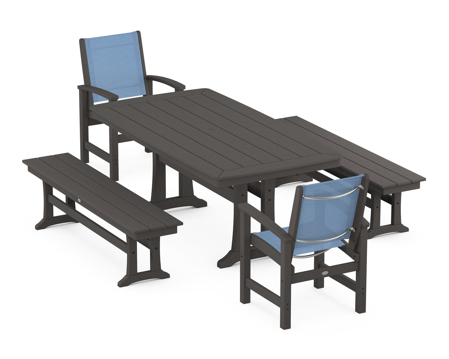 Coastal 5-Piece Dining Set with Trestle Legs and Benches