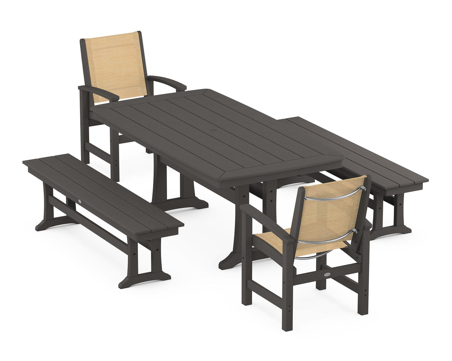 Coastal 5-Piece Dining Set with Trestle Legs and Benches