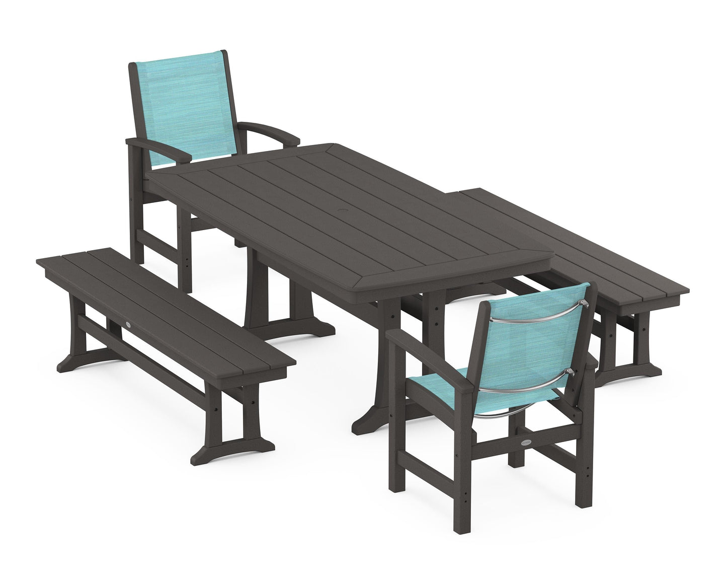 Coastal 5-Piece Dining Set with Trestle Legs and Benches